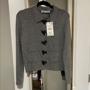 Zara Charcoal Cardigan with Black Bow Accents